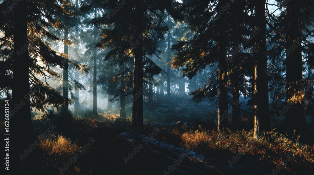 Fototapeta premium Misty forest sunlight panorama