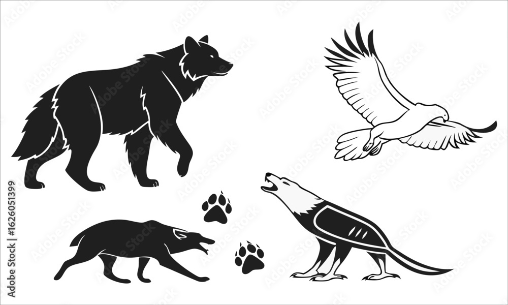Fototapeta premium Wolf Eagle And Bear Wildlife Silhouettes With Paw Prints