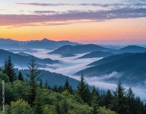 foggy sunrise in the mountains. landscape nature beauty.