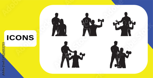 Fitness Icons Featuring Coaching Assistance and Weightlifting Exercise in a Dynamic Isolated Vector Collection