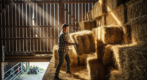 A powerful and rustic photograph of a farmhand hard at work, stacking hay bales in a barn loft. 