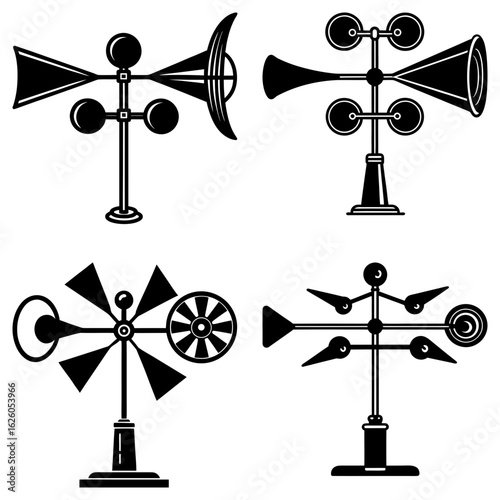 Illustration of four different types of anemometers with varying designs and measurement techniques shown