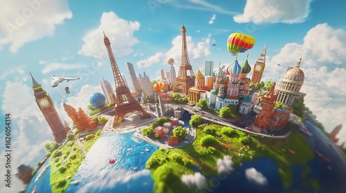 A whimsical journey around the world featuring iconic landmarks and vibrant cityscapes under a bright sunny sky with a