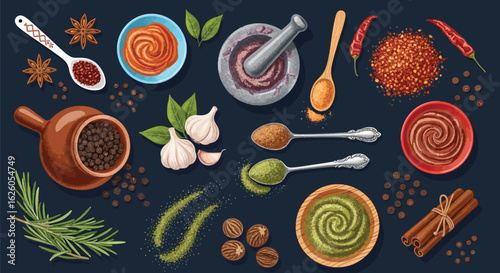 Assorted herbs spices and seasonings for cooking and culinary food concept art