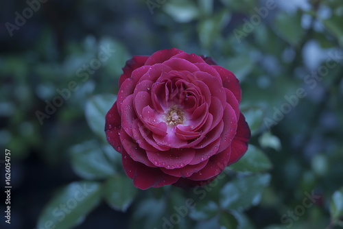 Close up of a deep red rose with many petals in soft focus against a blurred green background