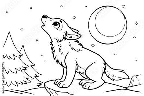 Coloring Pages, baby wolf howling at the moon, cartoon style, black and white