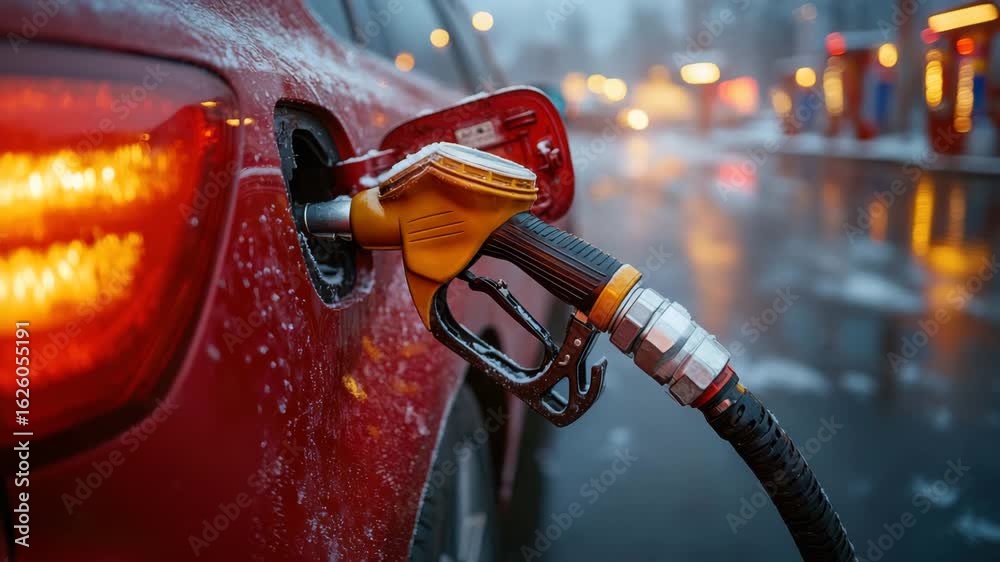 Fuel nozzle inserted into red car gas tank at gas station during rainy evening with wet reflective surface and blurred city lights creating moody light and urban atmosphere