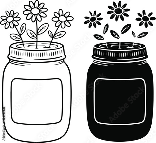 Two mason jars with flowers one filled with flowers one empty with petals falling