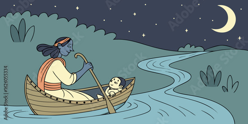 A woman rows a small wooden boat with a baby down a winding river under a starry night sky with a crescent moon