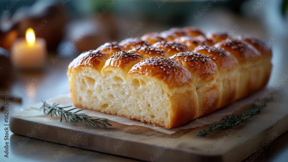 Soft freshly baked bread loaf with sesame seeds on wooden board surrounded by herbs and warm candlelight creating cozy inviting atmosphere for bread lovers and food enthusiasts Soft freshly baked bread loaf with sesame seeds on wooden board surrounded by herbs and warm candlelight creating cozy inviting atmosphere for bread lovers and food enthusiasts