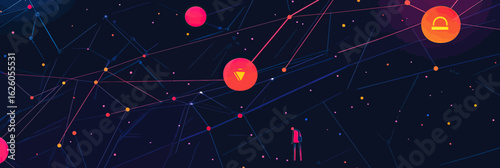 Abstract network connection with business people icons and glowing nodes on dark digital social media communication background vector illustration