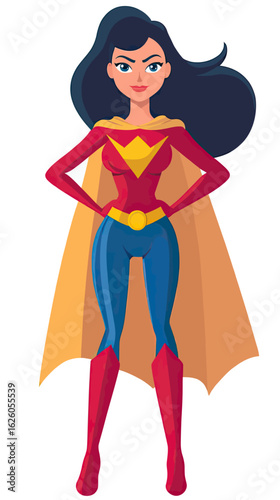 Confident female superhero standing with hands on hips wearing red and blue costume with yellow cape and emblem in flat minimalist vector style
