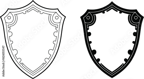 Two ornate medieval shields one outlined and one filled in black