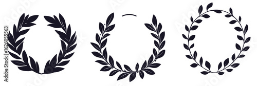 Set of three black silhouette laurel wreaths with varied leaf styles arranged in minimalist flat vector design isolated on white background