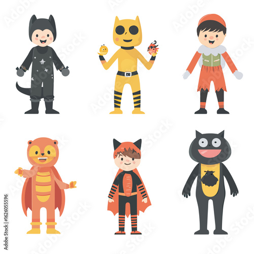 Set of six kids in colorful animal and fantasy costumes including black cat, superhero cat, elf, dragon, tiger, and bear in flat minimalist vector style
