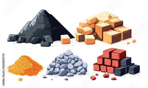 Various construction material piles including black coal chunks, orange bricks, yellow gravel, gray crushed stone, and red and black bricks in flat vector style