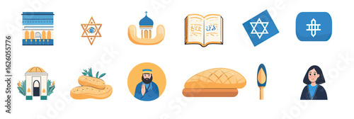 Flat vector set of Jewish religious icons including synagogue, Star of David, shofar, Torah scroll, Israeli flag, challah bread, menorah, orthodox man and woman illustrations