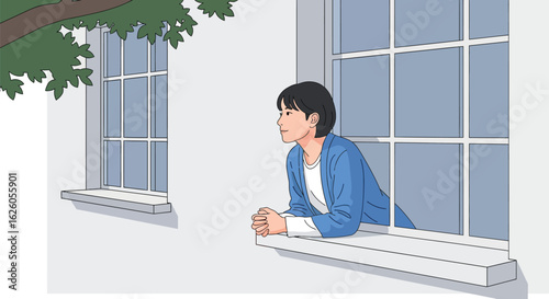 Illustration of woman looking out window with tree branches and window light