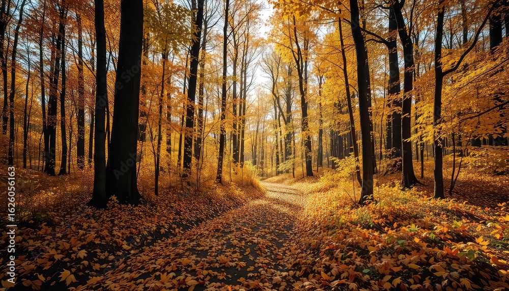 Obraz premium A Serene Path Through the Woods During the Autumn Season, With Trees Displaying Vibrant Golden Foliage and Fallen Leaves on the Ground
