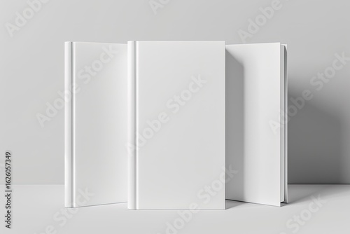 Clear Pixel Picture of Three White Books Mockup with Hard Textured Cover 3D Rendering