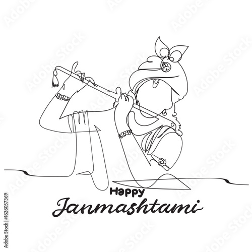 Continuous line drawing of Lord Krishna, Happy Janmashtami