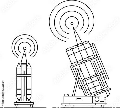 Schematic drawing of a missile launcher and a rocket with radar signals