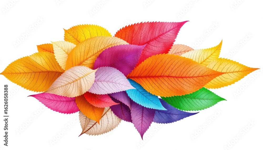 Obraz premium Colorful Autumnal Array of Textured Leaves Exhibiting a Spectrum of Vibrant Colors in a Botanical Arrangement