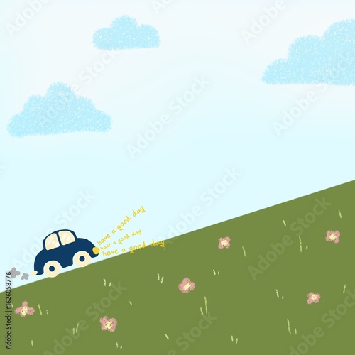 Sky and flower field view background and blue car pencil drawing