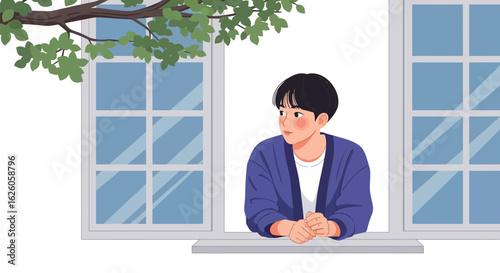Illustration of a young man looking out the window in a thoughtful pose art