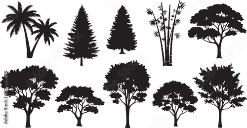Assortment of tree silhouettes including palm pine bamboo and leafy varieties trees collection