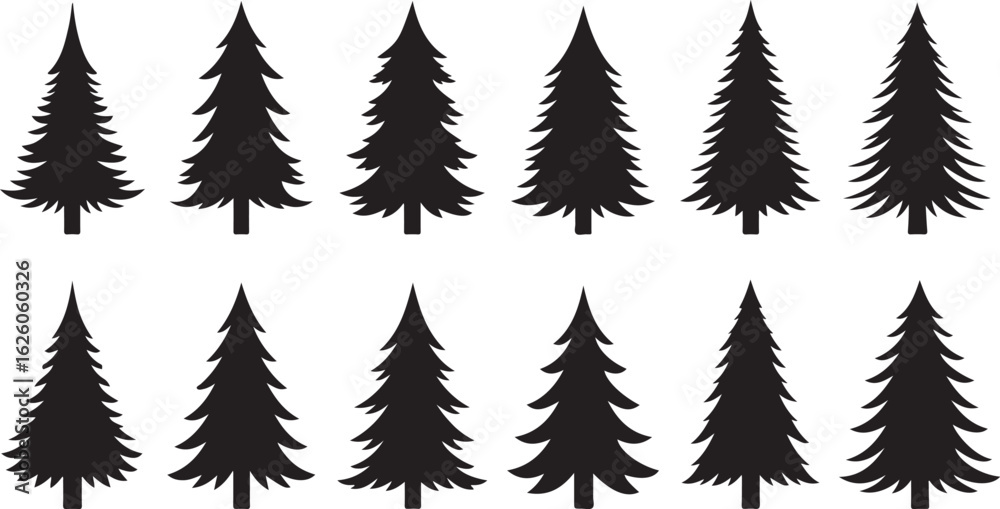 Obraz premium Set of Twelve Identical Black Silhouette Fir Trees on a White Background pine tree evergreen