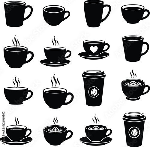 Sixteen Coffee Cup and Mug Silhouettes in Black and White — Featuring Saucered, Lidded, and Steaming Variants to Showcase Everyday Beverage Rituals and the Heartfelt Simplicity of Drinkware Design
