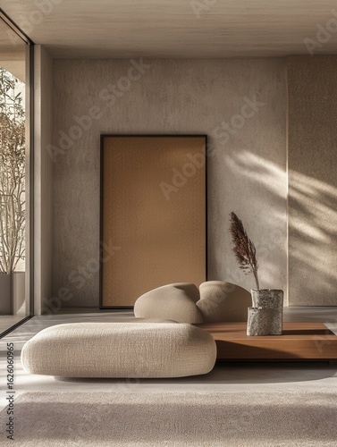 flawless picture of minimal living room interior design with blank frame