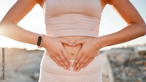 Close-up of woman’s hands forming a heart shape on her bare stomach, symbolizing gut health, digestion, fitness, natural wellness, and holistic body care in a serene outdoor setting with soft light.