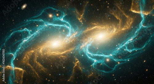  The gaseous clouds swirl and interlace, with streaks of luminous gold dust contrasting beautifully against the deep, mysterious teal tones. 