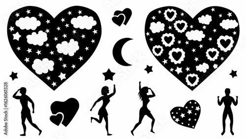 Illustration of hearts with clouds and stars, moon, and silhouettes of people in black and white