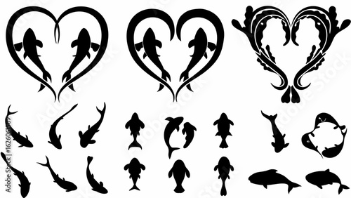 Silhouette of fish forming hearts and swimming in different directions in black and white vector art