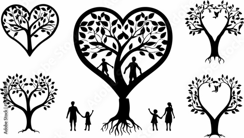 Silhouette images of heart shaped trees with families and children in a black and white vector design