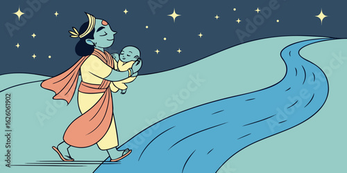 Divine figure carrying a baby along a winding river under a starry night sky