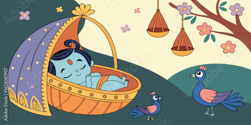 Cute cartoon baby krishna sleeping peacefully in a decorated basket with birds and flowers