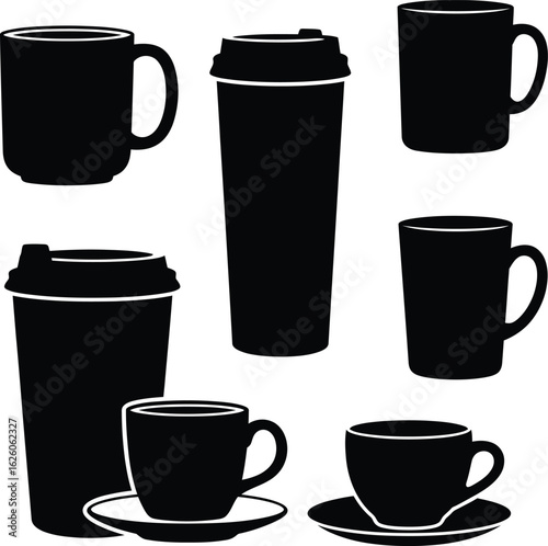 Set of Six Coffee and Tea Cup Silhouettes — Black Icons Featuring Mugs, Travel Cups, Disposable Lidded Cups, and Teacups with Saucers Representing Beverage Variety and Everyday Rituals