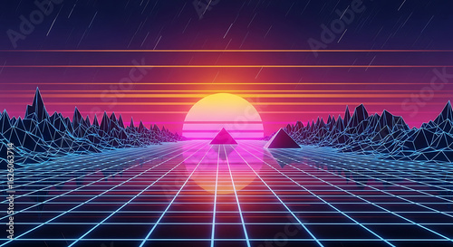 This stunning digital art piece captures a synthwave sunset over a textured virtual landscape.