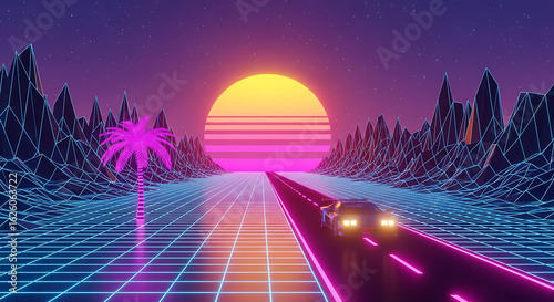  A vibrant sunset, with colors of neon pink, purple, and orange, hangs over the digital horizon, casting a futuristic glow. 