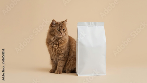 Cat sitting next to food package	