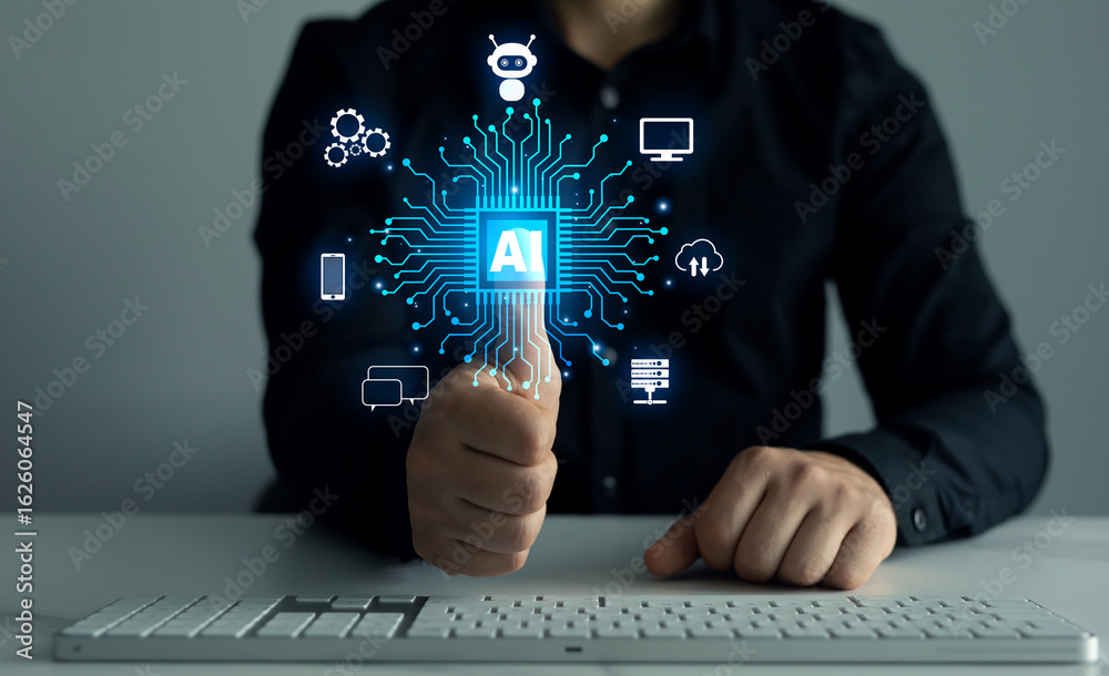 Naklejka premium Artificial intelligence with enter command prompt for generates something and technology transformation.AI computing and neural engine CPU.Artificial Intelligence and data analytics, robotic process.