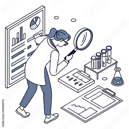 Flat illustration of a person looking through a magnifying glass at documents, test tubes, scientific equipment, line art with analytical blue and grey, white background, scientific vector.