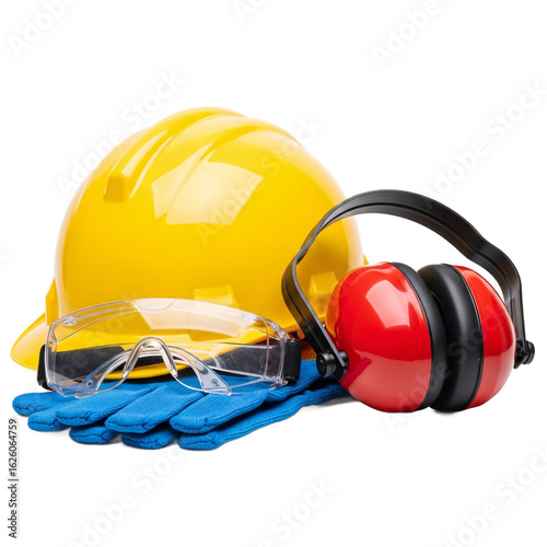 Yellow hard hat safety glasses blue gloves and red earmuffs for construction site protection isolated on transparent background