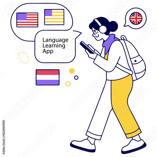 Flat illustration of a person using a language learning app on a smartphone, speech bubbles with different flags, line art with diverse bright colors, white background, multilingual vector.