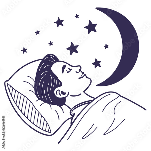 Flat illustration of a person sleeping peacefully in bed, moon and stars above, good sleep hygiene, line art with calming dark blue and purple, white background, restful vector.