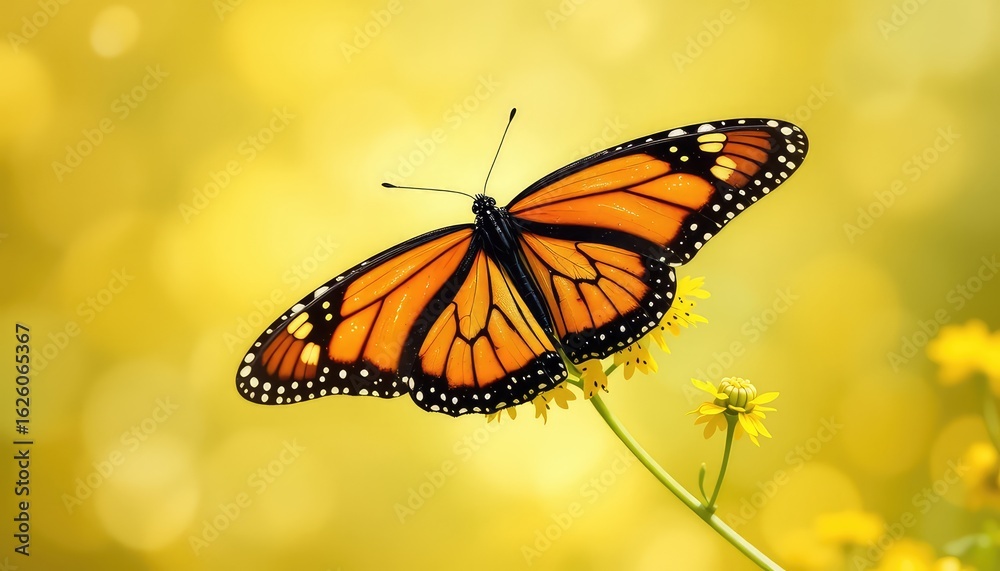 Naklejka premium A vivid butterfly gracefully alights upon delicate yellow blooms in a sun-drenched natural setting, showcasing nature's beauty